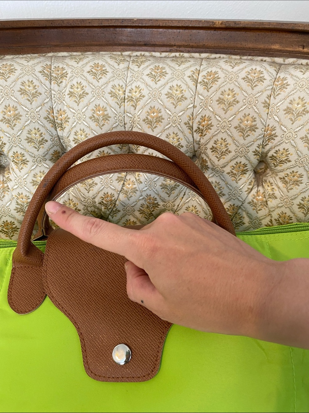 Bright Lime Green Nylon Tote with Brown Faux Leather Trim - Picture 2 of 7